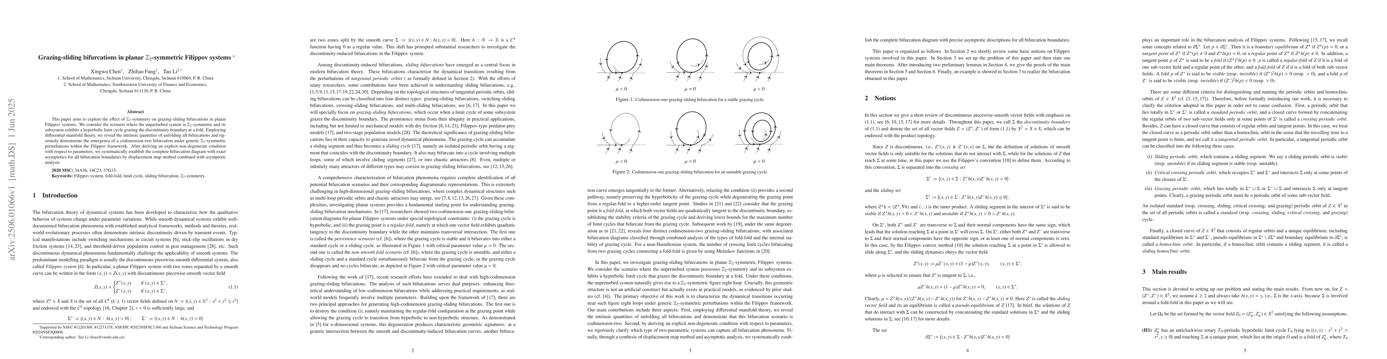 Thumbnail for Grazing-sliding bifurcations in planar $\mathbb{Z}_2$-symmetric Filippov
  systems