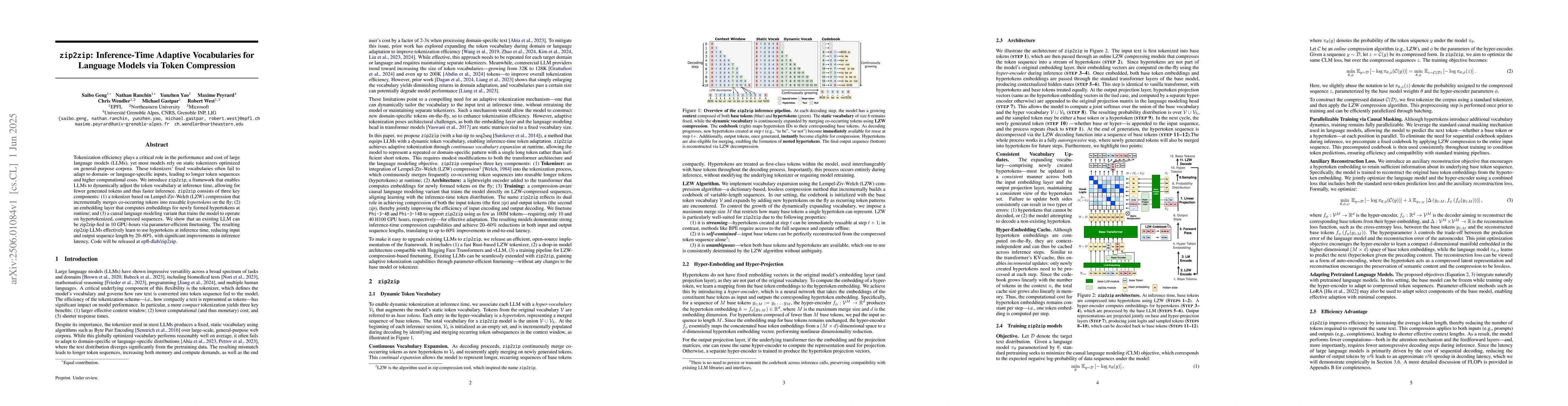 Thumbnail for zip2zip: Inference-Time Adaptive Vocabularies for Language Models via
  Token Compression