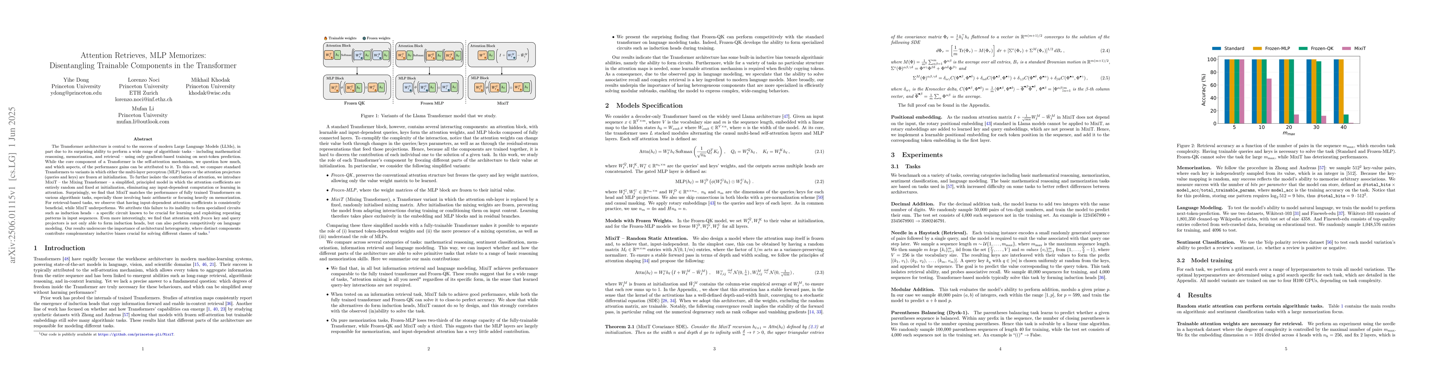 Thumbnail for Attention Retrieves, MLP Memorizes: Disentangling Trainable Components
  in the Transformer