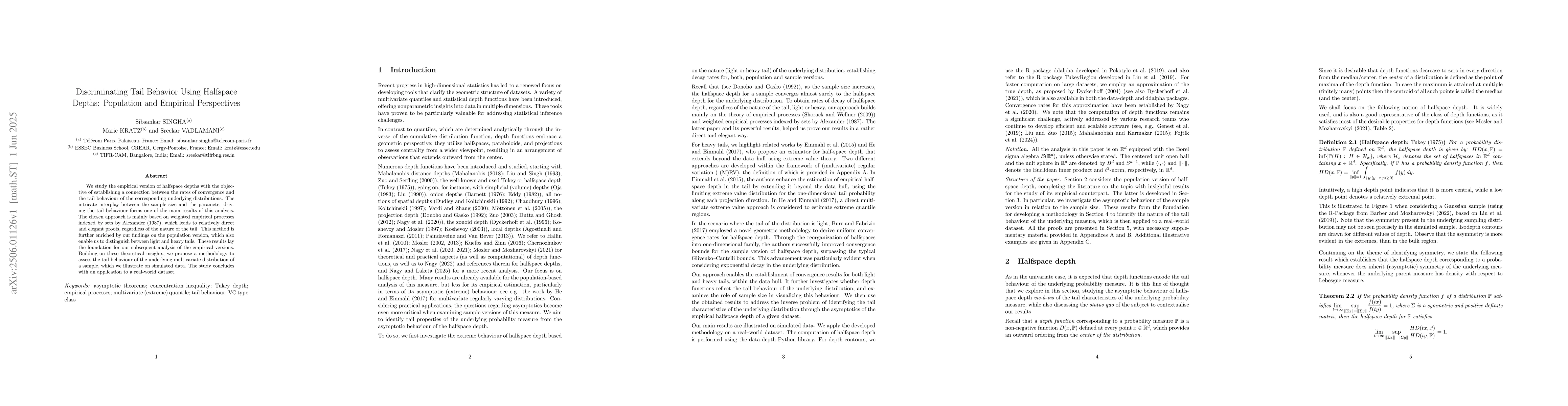 Thumbnail for Discriminating Tail Behavior Using Halfspace Depths: Population and
  Empirical Perspectives