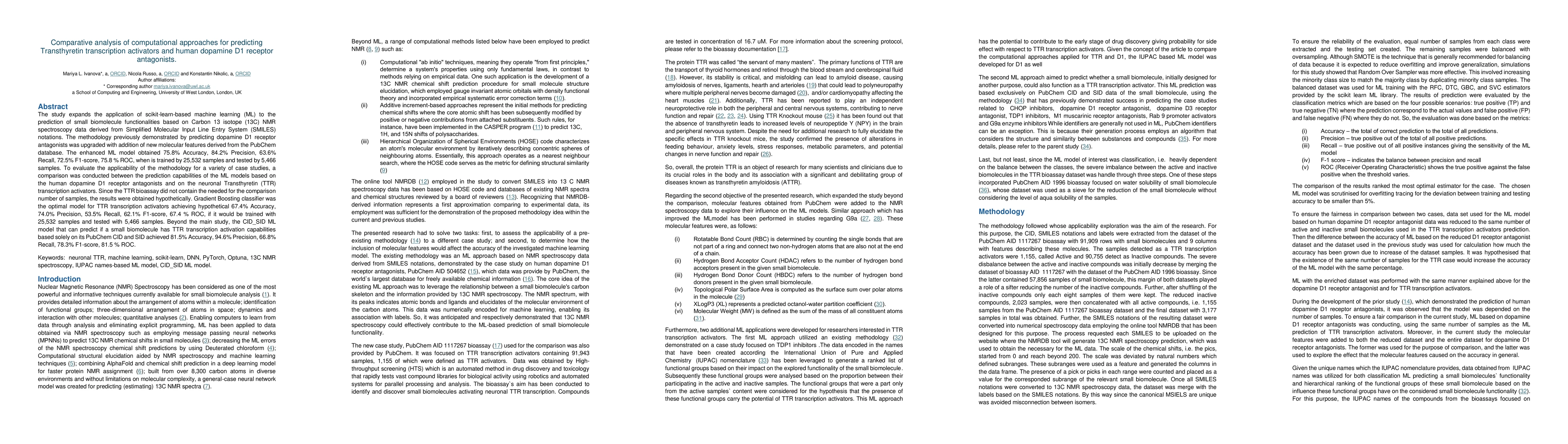Thumbnail for Comparative analysis of computational approaches for predicting
  Transthyretin transcription activators and human dopamine D1 receptor
  antagonists