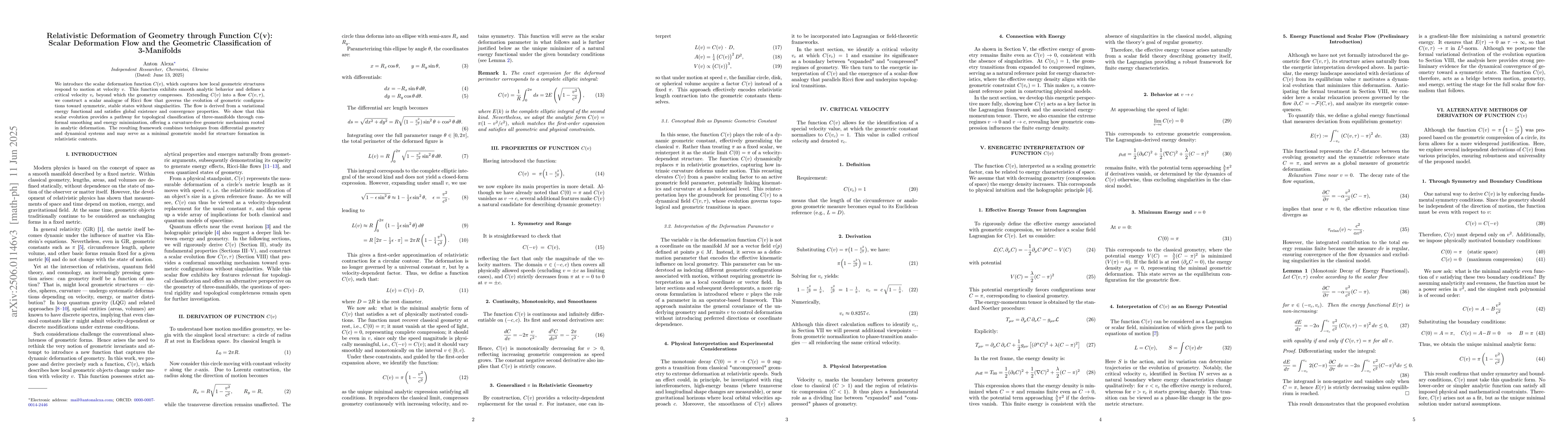 Thumbnail for Relativistic Deformation of Geometry through Function C(v): Scalar
  Deformation Flow and the Geometric Classification of 3-Manifolds