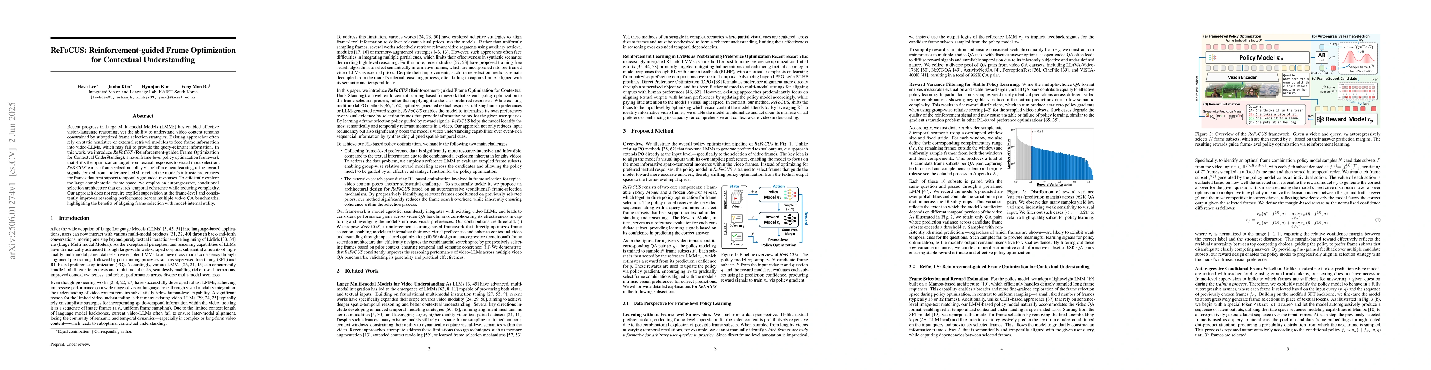 Thumbnail for ReFoCUS: Reinforcement-guided Frame Optimization for Contextual
  Understanding
