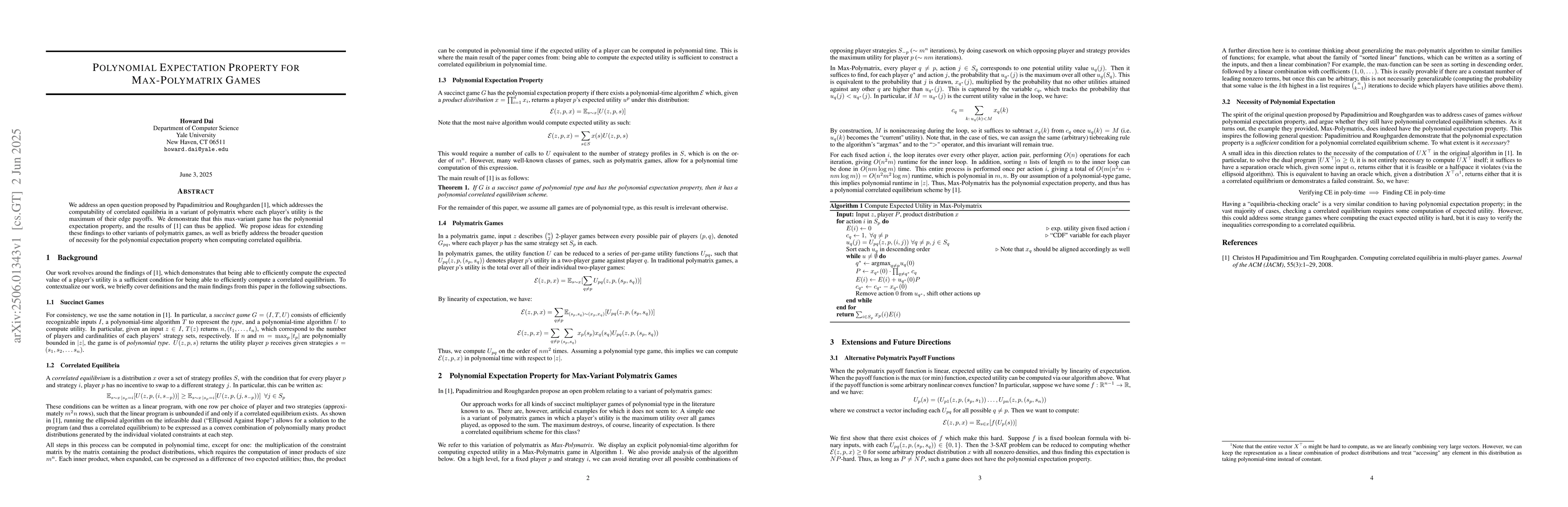 Thumbnail for Polynomial Expectation Property for Max-Polymatrix Games