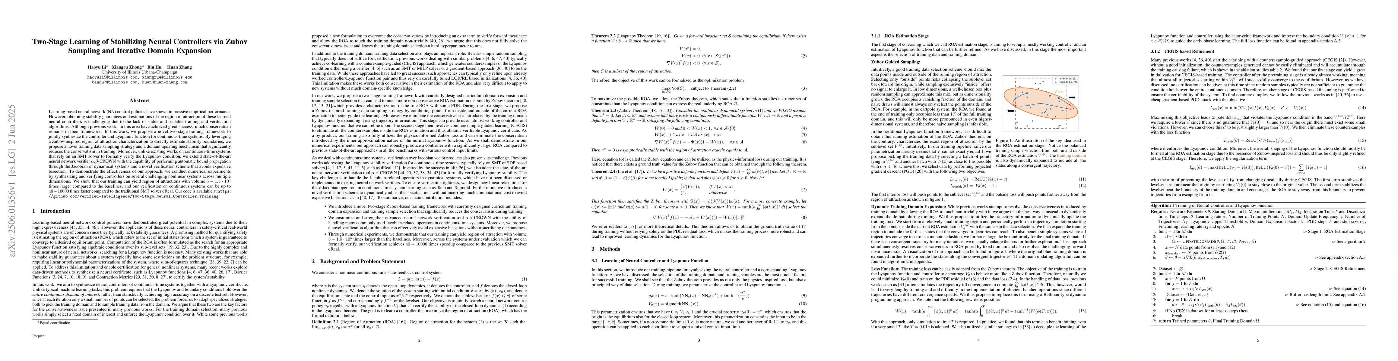 Thumbnail for Two-Stage Learning of Stabilizing Neural Controllers via Zubov Sampling
  and Iterative Domain Expansion