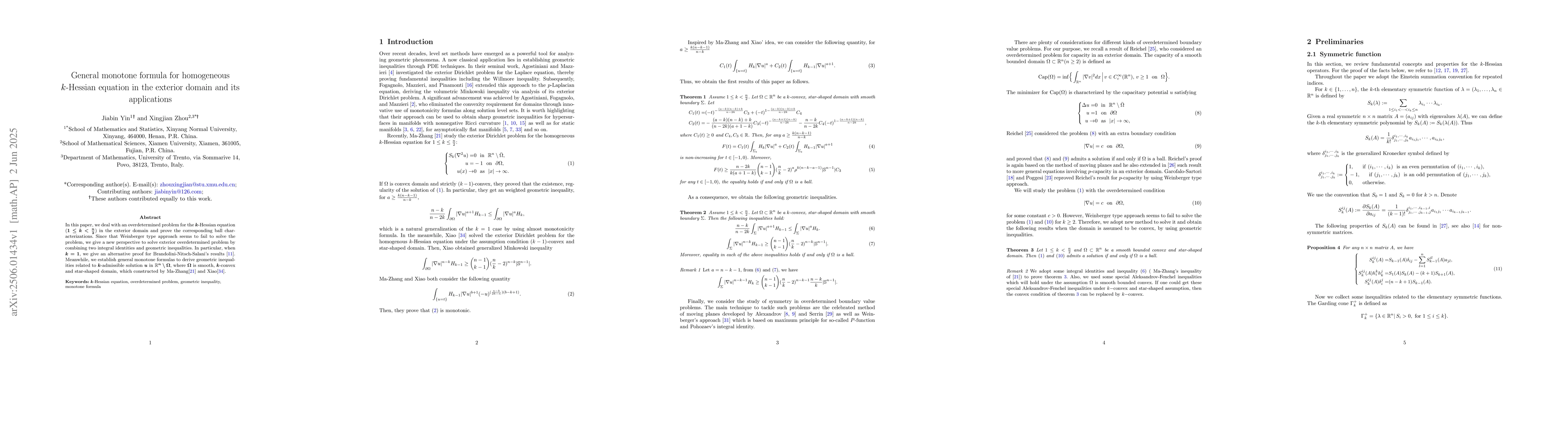 Thumbnail for General monotone formula for homogeneous $k$-Hessian equation in the
  exterior domain and its applications