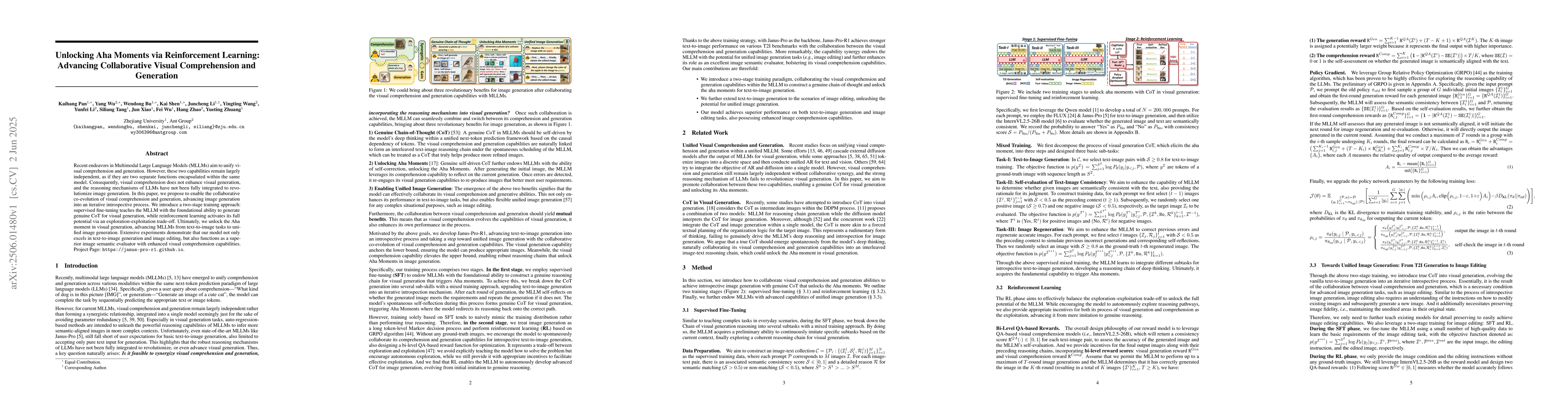 Thumbnail for Unlocking Aha Moments via Reinforcement Learning: Advancing
  Collaborative Visual Comprehension and Generation