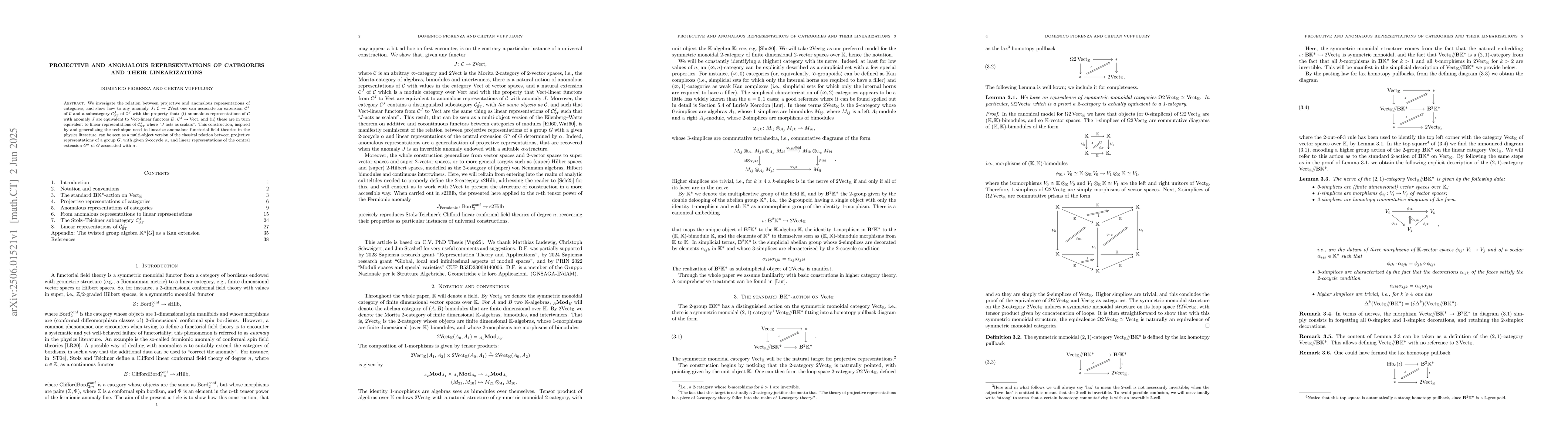 Thumbnail for Projective and anomalous representations of categories and their
  linearizations