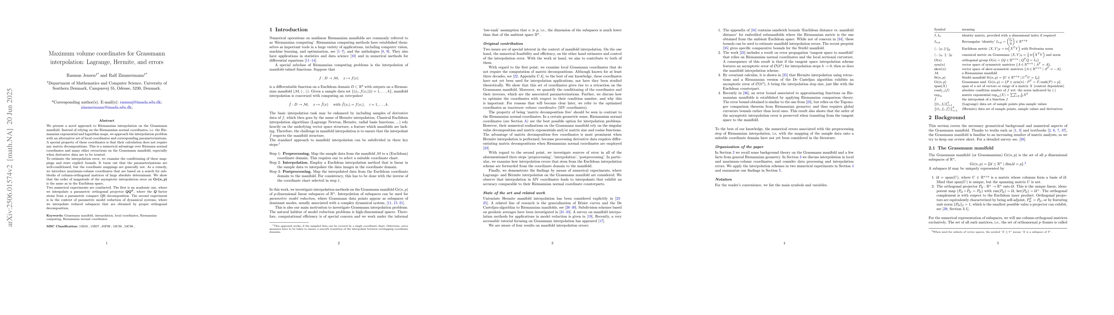 Thumbnail for Maximum volume coordinates for Grassmann interpolation: Lagrange,
  Hermite, and errors