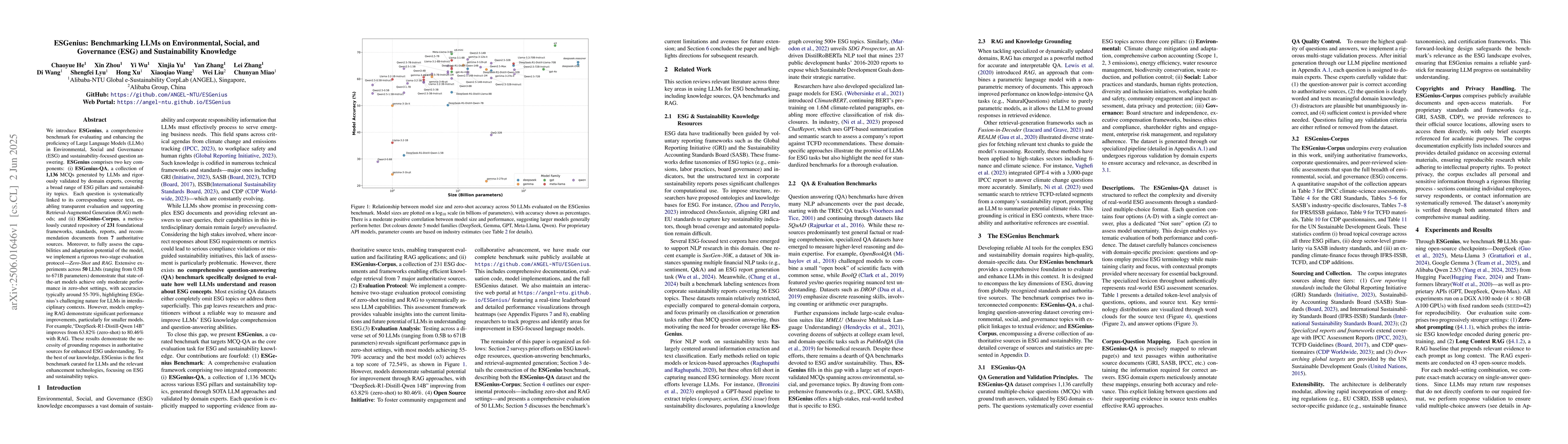Thumbnail for ESGenius: Benchmarking LLMs on Environmental, Social, and Governance
  (ESG) and Sustainability Knowledge