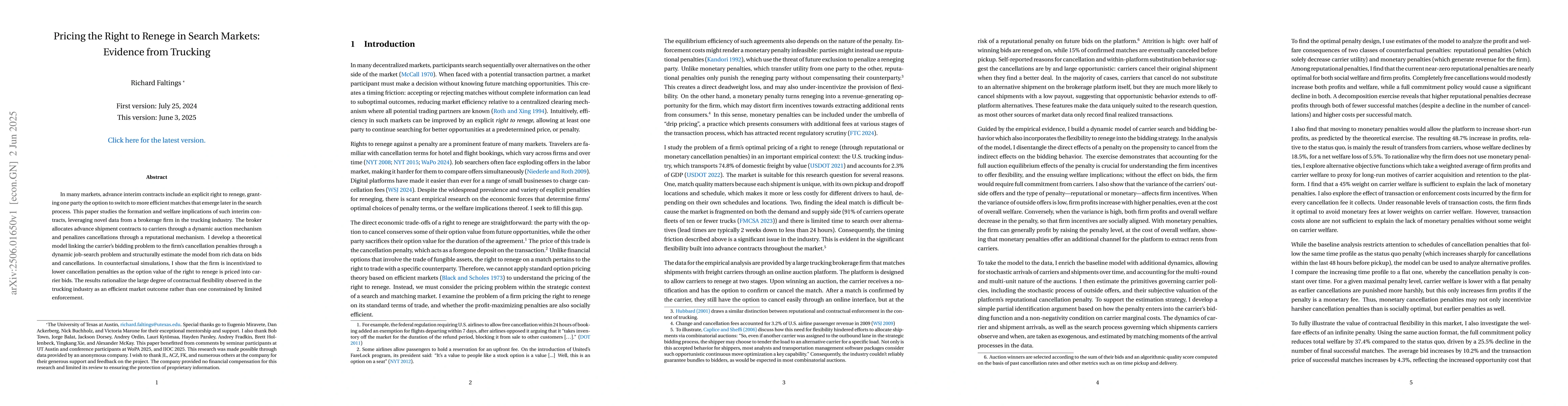 Thumbnail for Pricing the Right to Renege in Search Markets: Evidence from Trucking