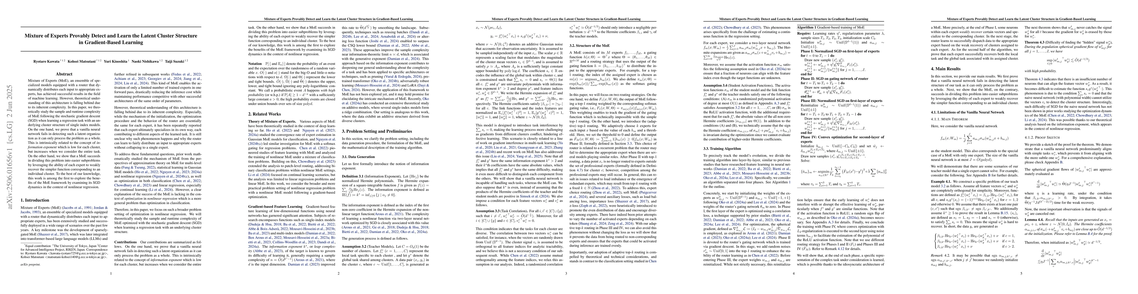 Thumbnail for Mixture of Experts Provably Detect and Learn the Latent Cluster
  Structure in Gradient-Based Learning