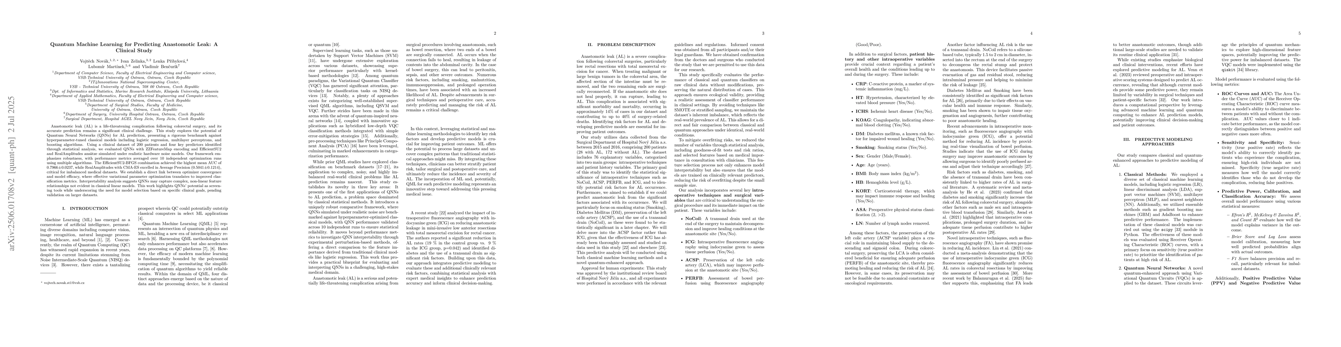 Thumbnail for Predicting Post-Surgical Complications with Quantum Neural Networks: A
  Clinical Study on Anastomotic Leak