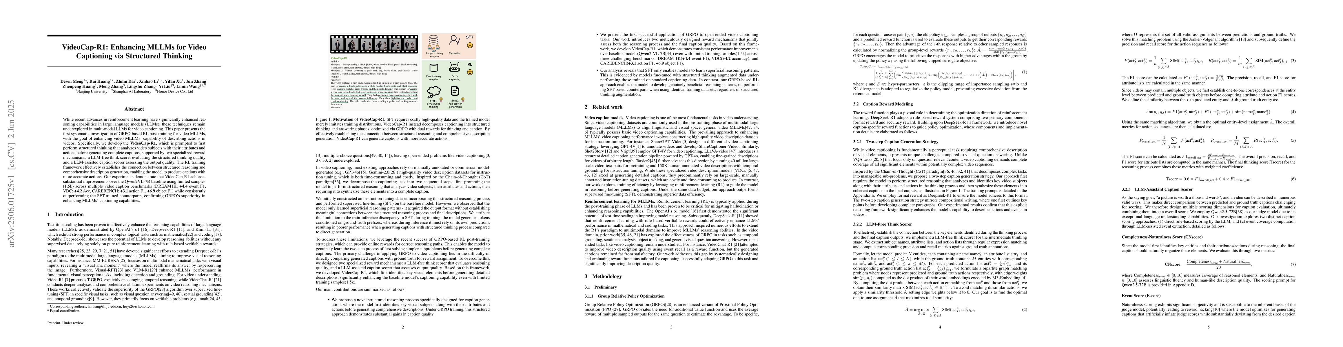 Thumbnail for VideoCap-R1: Enhancing MLLMs for Video Captioning via Structured
  Thinking
