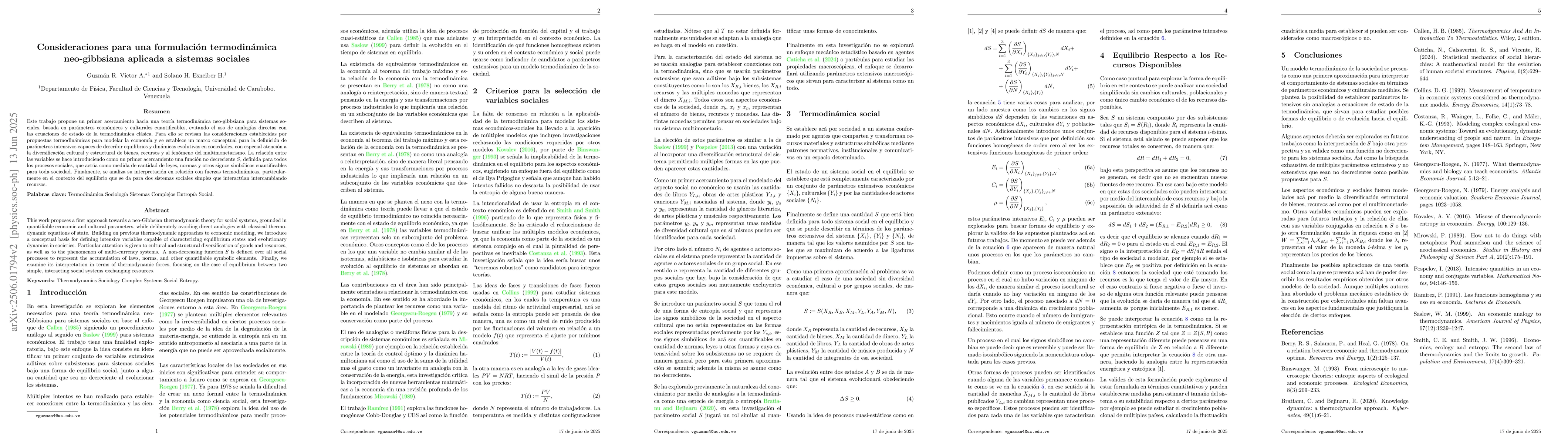 Thumbnail for Consideraciones para una formulación Termodinámica Neo-Gibbsiana
  aplicada a sistemas sociales