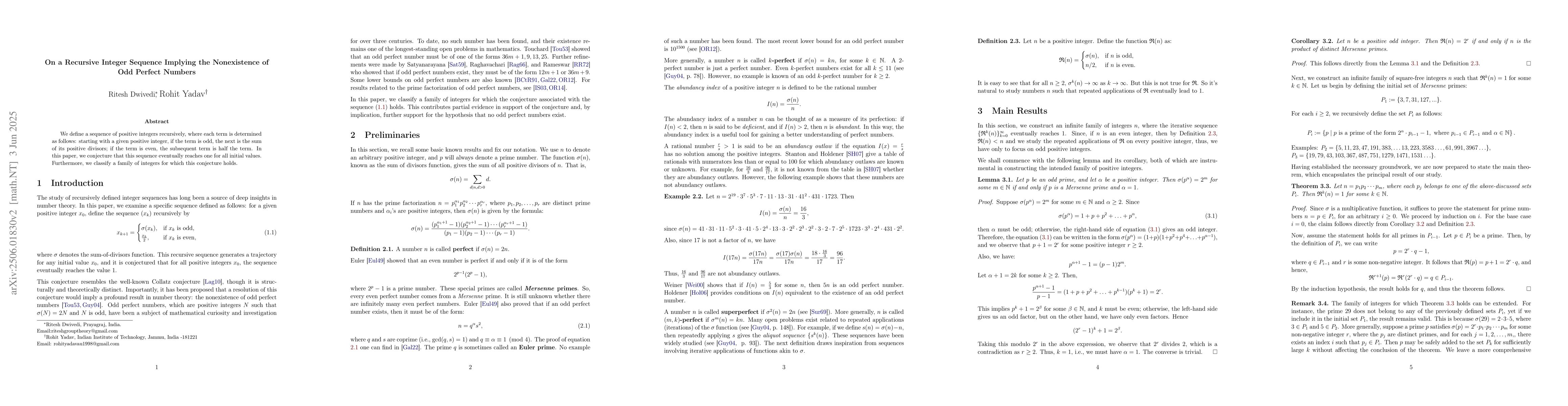 Thumbnail for On a Recursive Integer Sequence Implying the Nonexistence of Odd Perfect
  Numbers