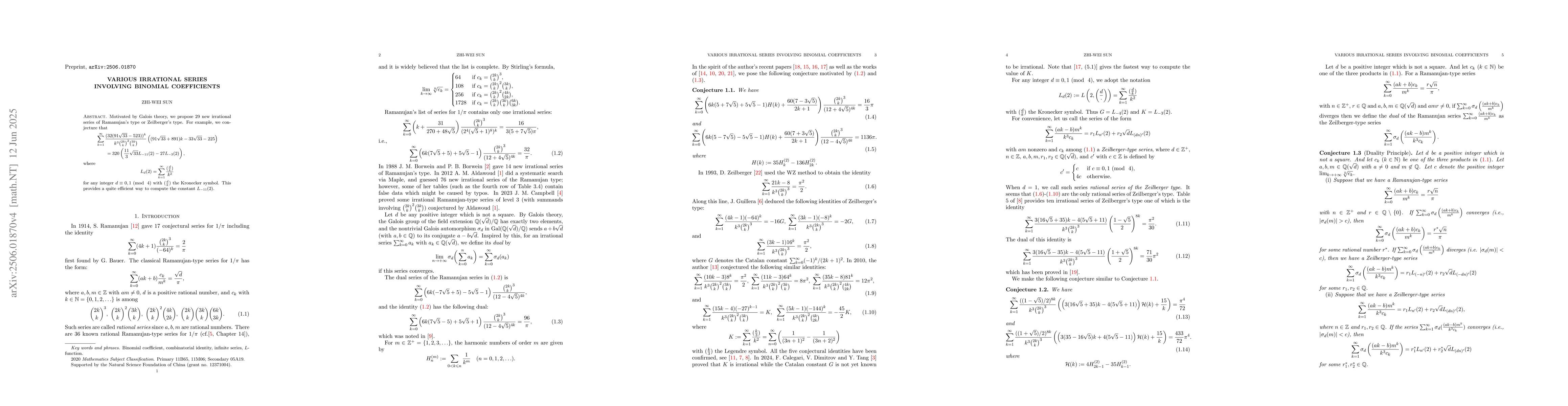 Thumbnail for Various irrational series involving binomial coefficients
