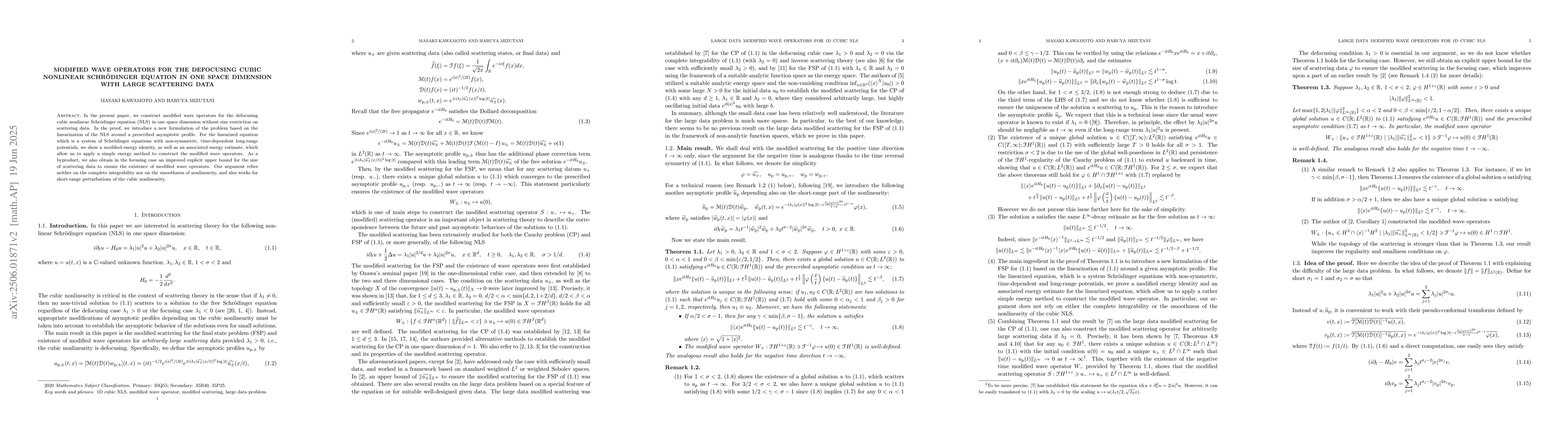 Thumbnail for Modified wave operators for the defocusing cubic nonlinear Schrödinger
  equation in one space dimension with large scattering data