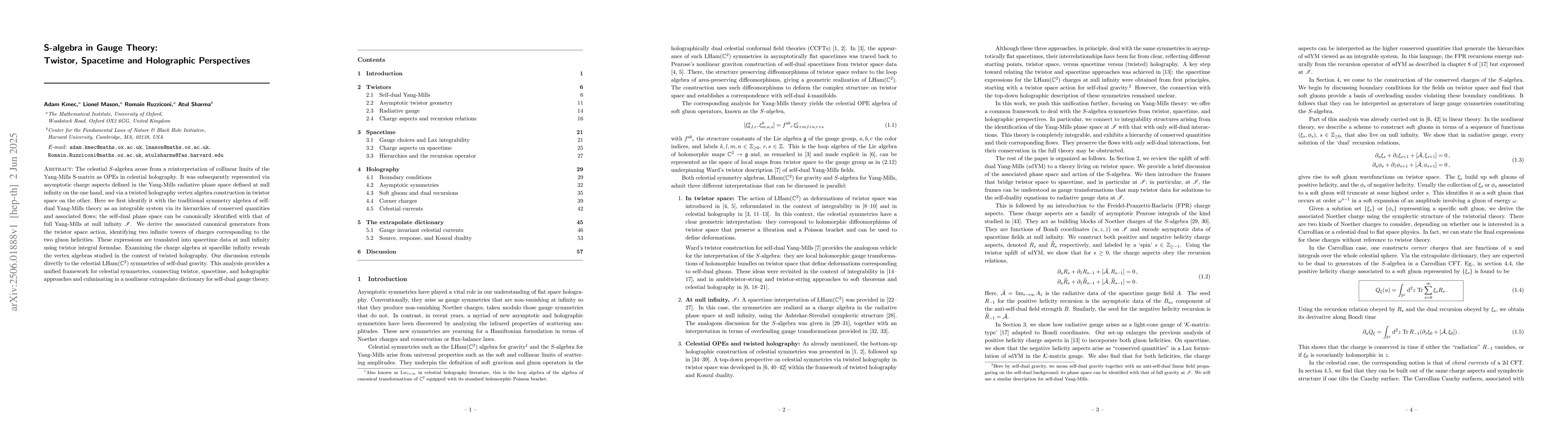 Thumbnail for S-algebra in Gauge Theory: Twistor, Spacetime and Holographic
  Perspectives