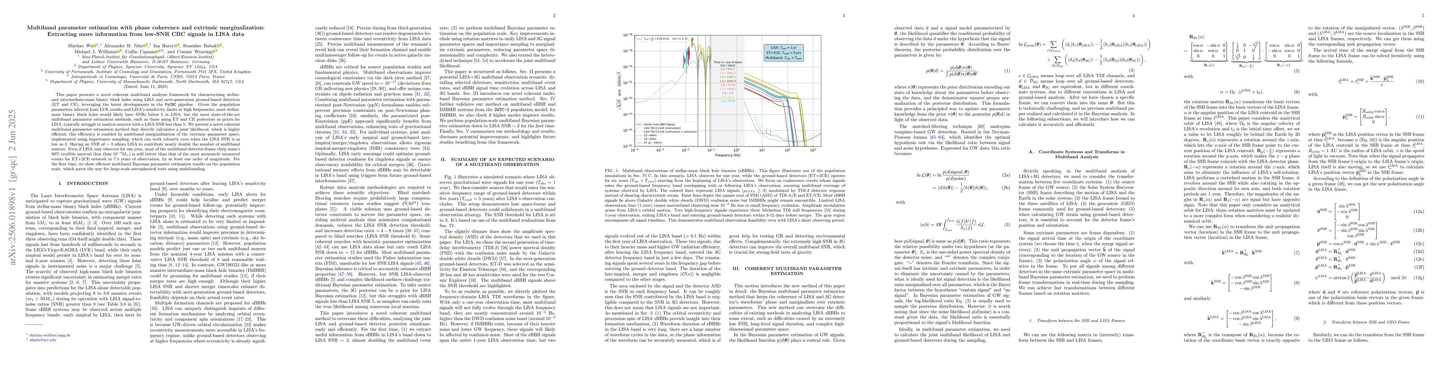 Thumbnail for Multiband parameter estimation with phase coherence and extrinsic
  marginalization: Extracting more information from low-SNR CBC signals in LISA
  data
