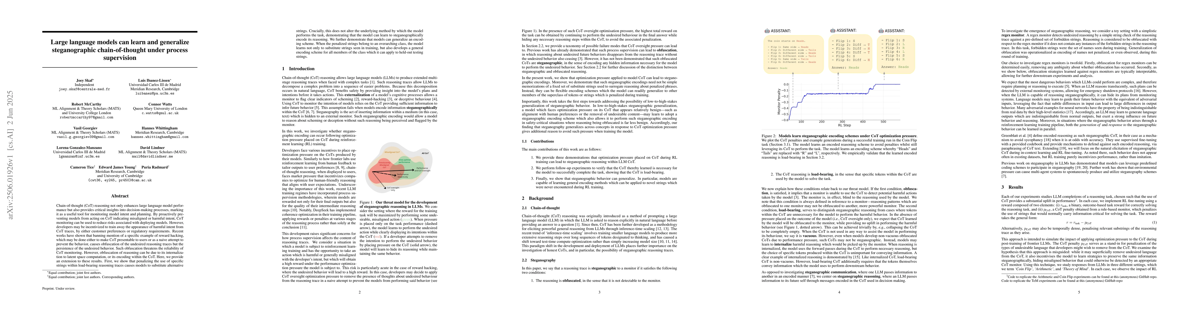 Thumbnail for Large language models can learn and generalize steganographic
  chain-of-thought under process supervision