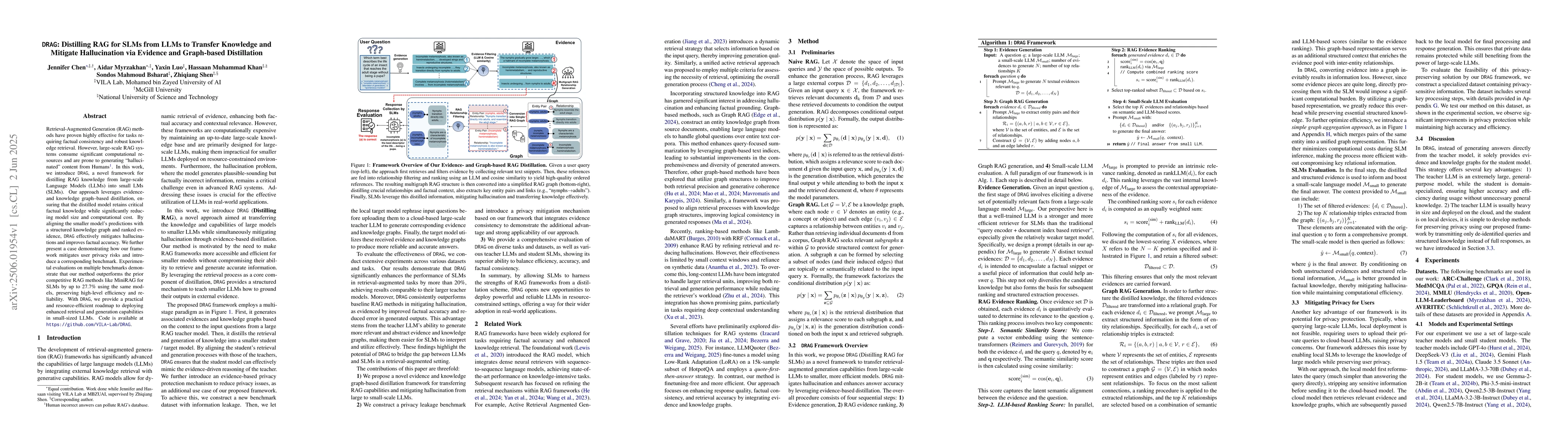 Thumbnail for DRAG: Distilling RAG for SLMs from LLMs to Transfer Knowledge and
  Mitigate Hallucination via Evidence and Graph-based Distillation
