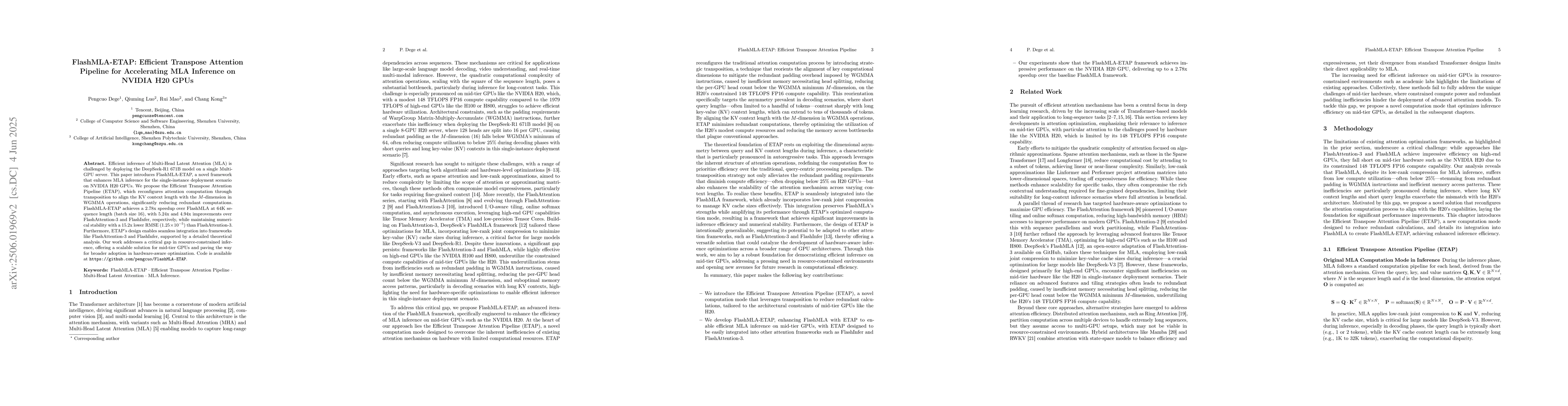 Thumbnail for FlashMLA-ETAP: Efficient Transpose Attention Pipeline for Accelerating
  MLA Inference on NVIDIA H20 GPUs