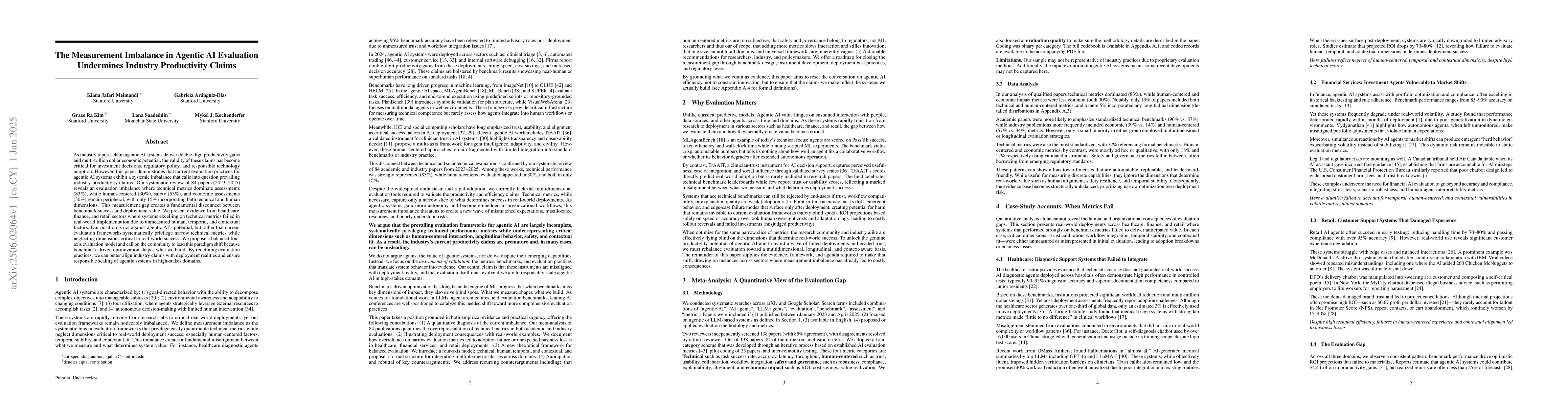 Thumbnail for The Measurement Imbalance in Agentic AI Evaluation Undermines Industry
  Productivity Claims