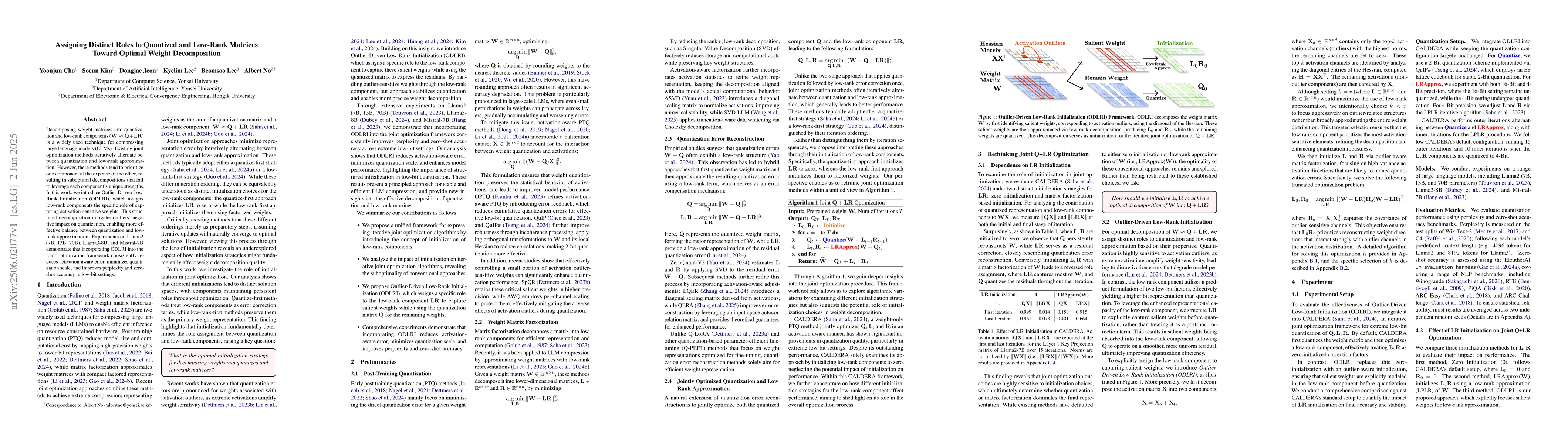 Thumbnail for Assigning Distinct Roles to Quantized and Low-Rank Matrices Toward
  Optimal Weight Decomposition