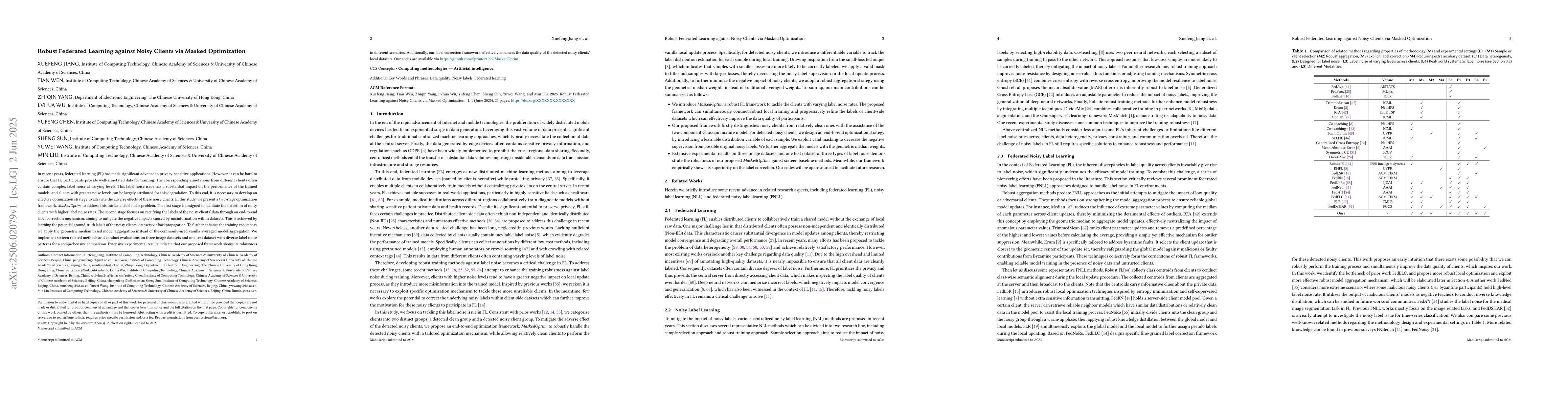 Thumbnail for Robust Federated Learning against Noisy Clients via Masked Optimization