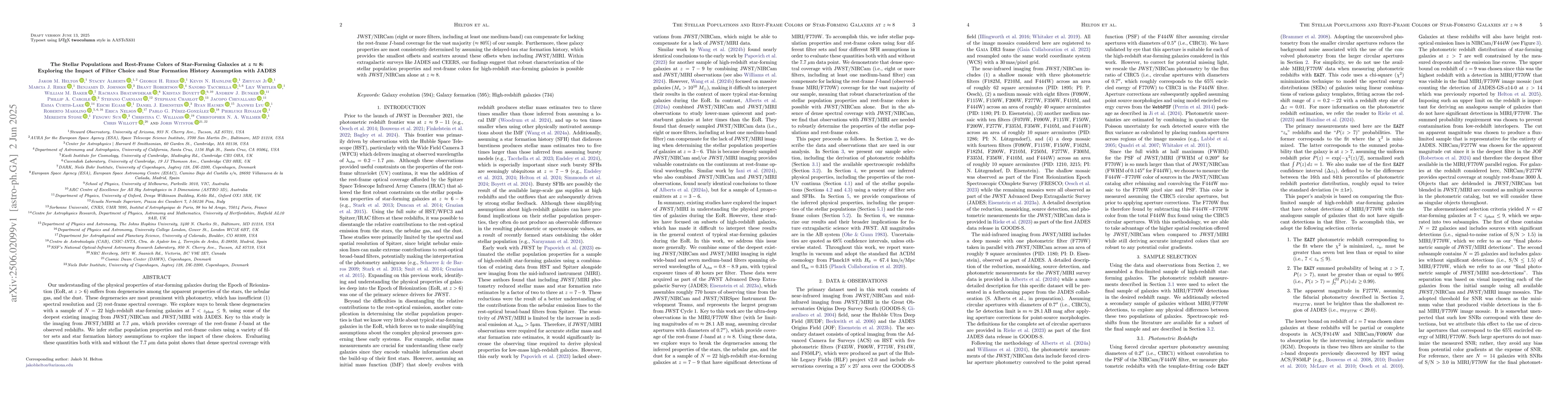 Thumbnail for The Stellar Populations and Rest-Frame Colors of Star-Forming Galaxies
  at $z \approx 8$: Exploring the Impact of Filter Choice and Star Formation
  History Assumption with JADES