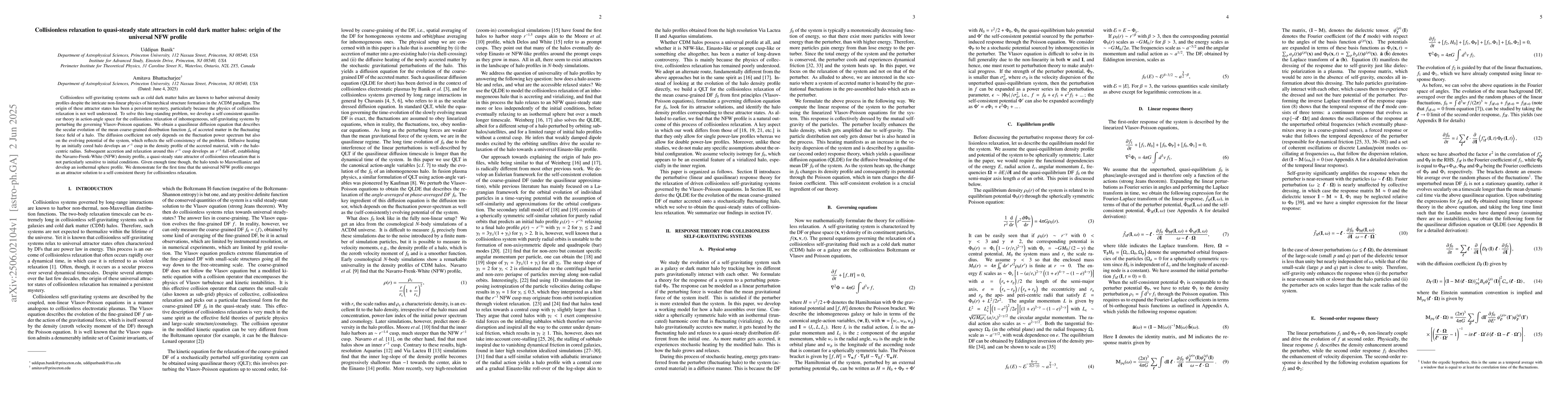 Thumbnail for Collisionless relaxation to quasi-steady state attractors in cold dark
  matter halos: origin of the universal NFW profile