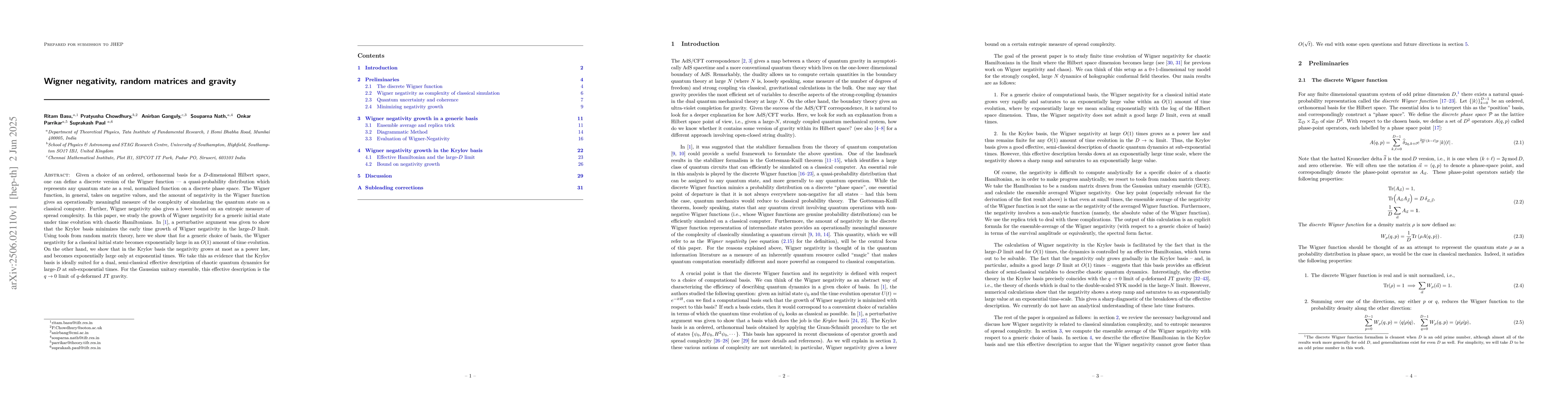 Thumbnail for Wigner negativity, random matrices and gravity