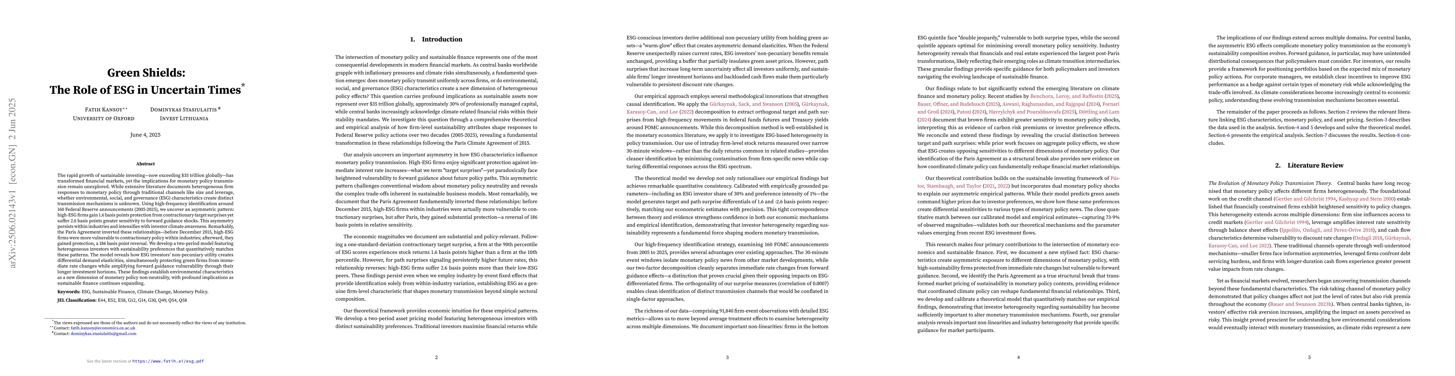 Thumbnail for Green Shields: The Role of ESG in Uncertain Time
