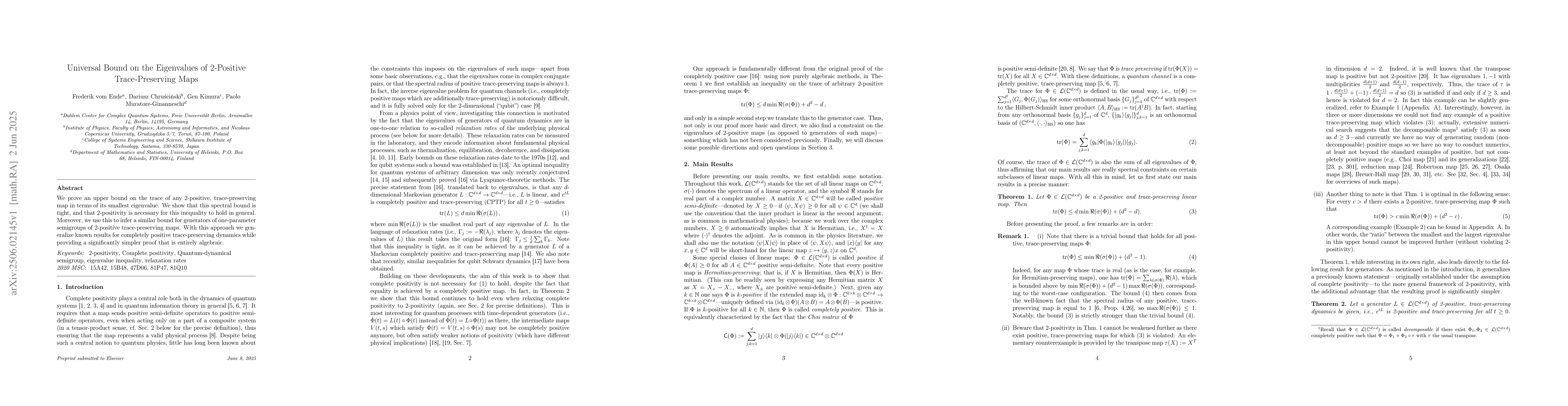 Thumbnail for Universal Bound on the Eigenvalues of 2-Positive Trace-Preserving Maps