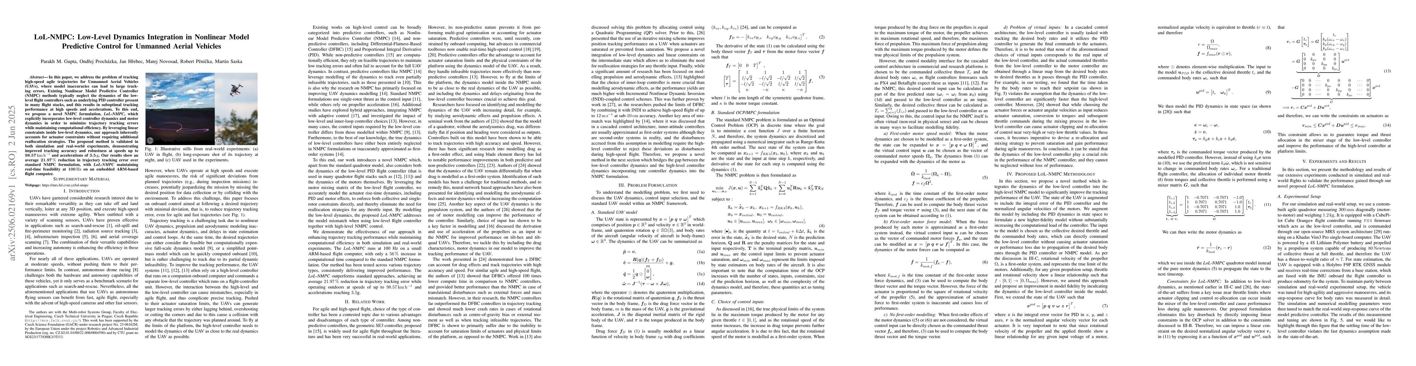 Thumbnail for LoL-NMPC: Low-Level Dynamics Integration in Nonlinear Model Predictive
  Control for Unmanned Aerial Vehicles