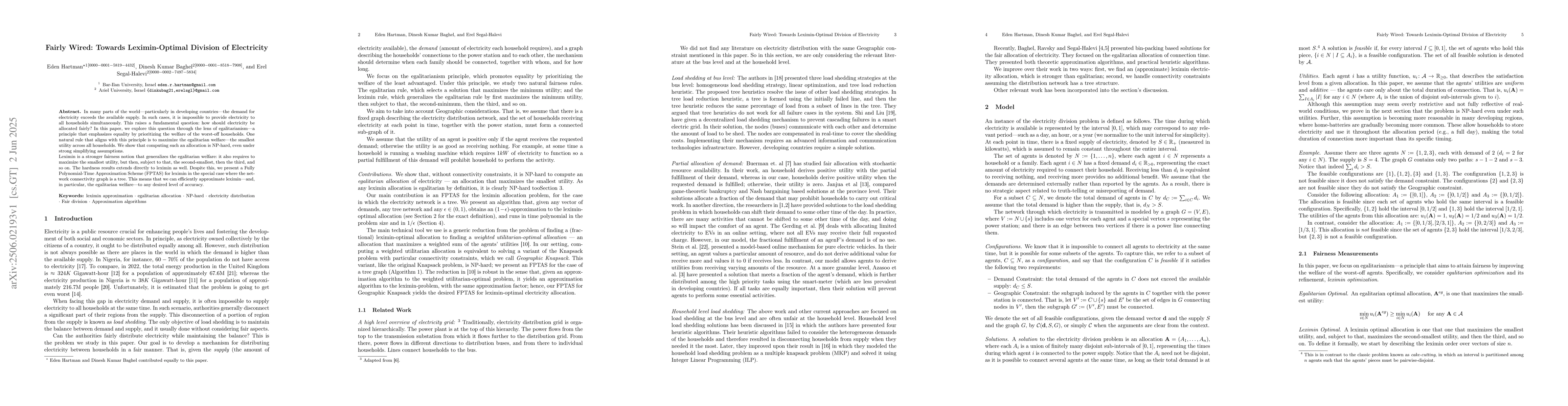 Thumbnail for Fairly Wired: Towards Leximin-Optimal Division of Electricity