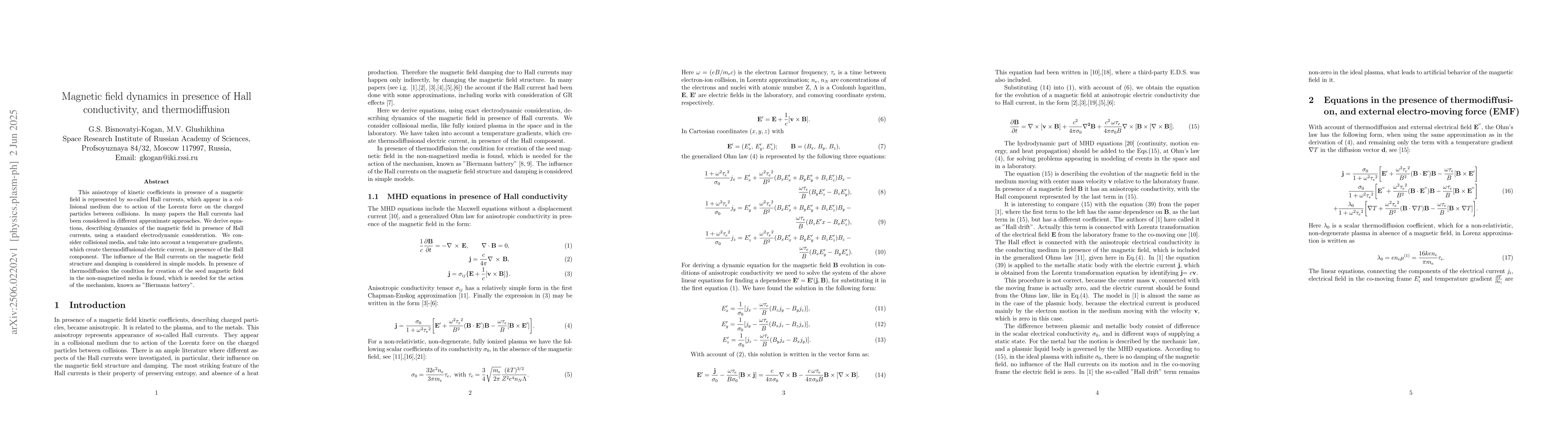Thumbnail for Magnetic field dynamics in presence of Hall conductivity, and
  thermodiffusion
