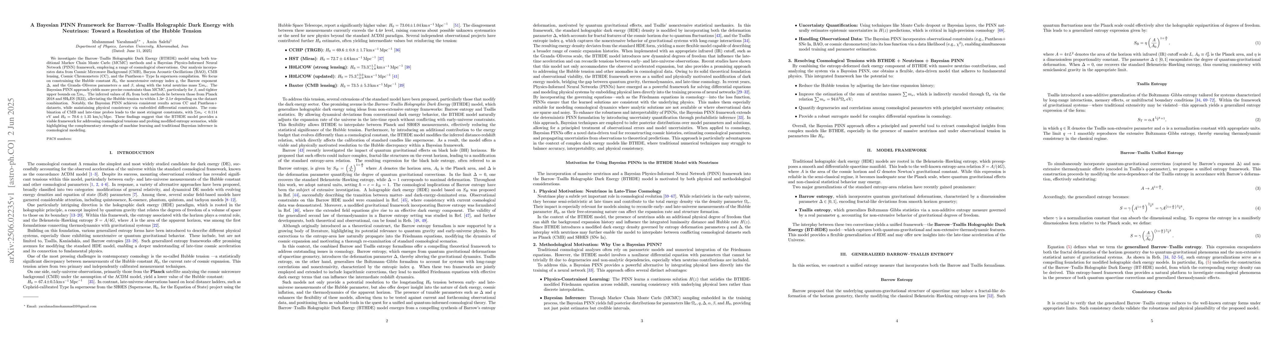 Thumbnail for A Bayesian PINN Framework for Barrow-Tsallis Holographic Dark Energy
  with Neutrinos: Toward a Resolution of the Hubble Tension