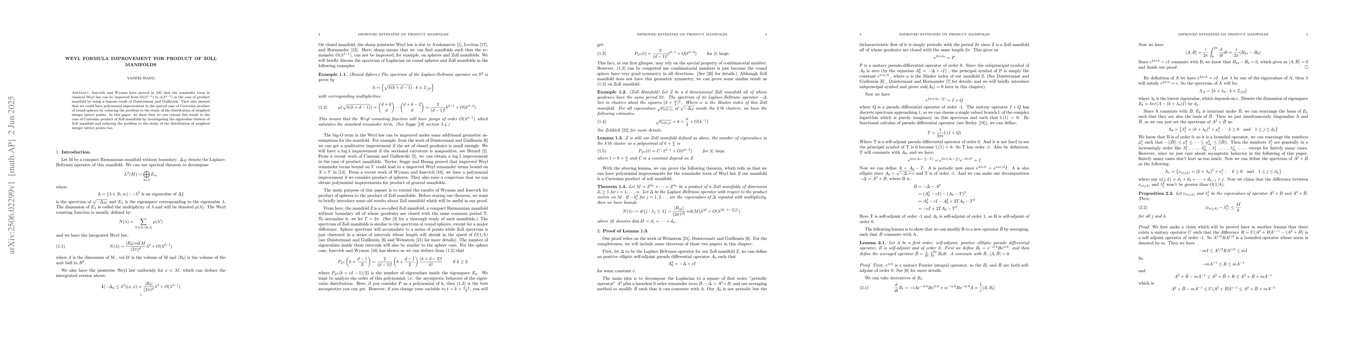 Thumbnail for Weyl formula improvement for product of Zoll manifolds