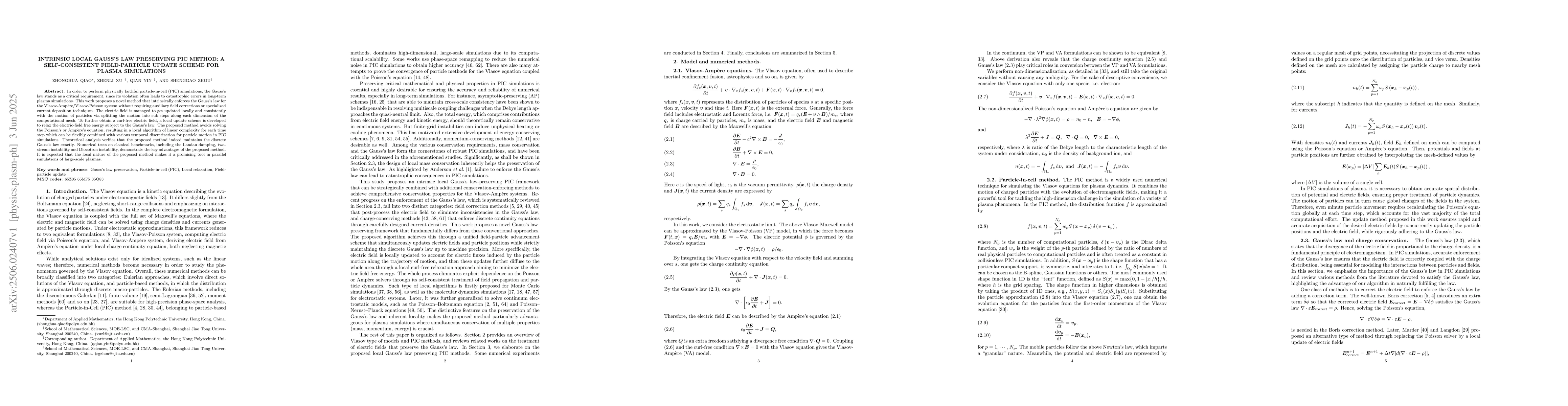 Thumbnail for Intrinsic local Gauss's law preserving PIC method: A self-consistent
  field-particle update scheme for plasma simulations