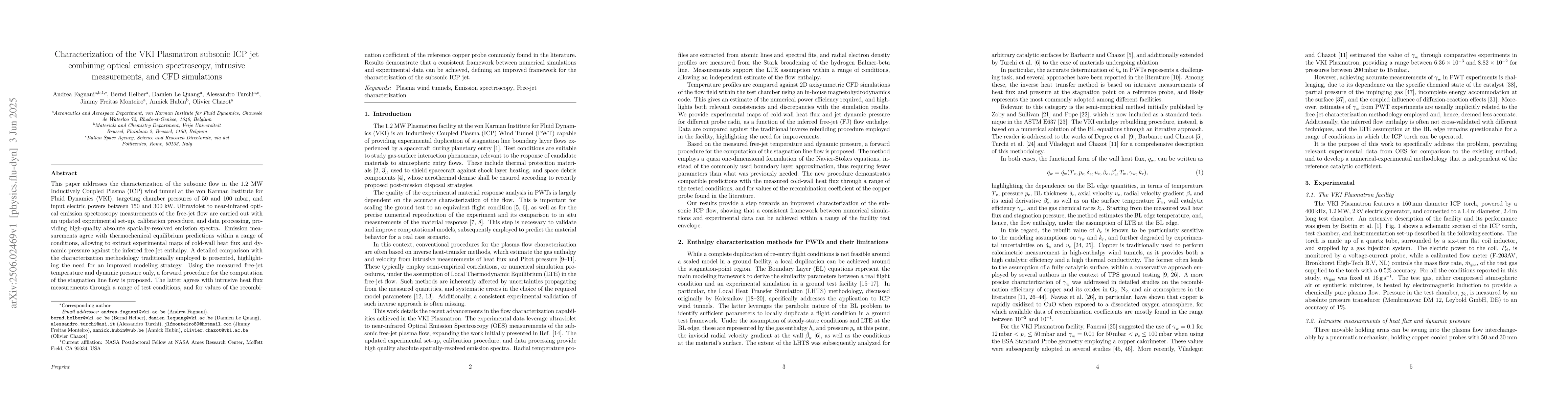 Thumbnail for Characterization of the VKI Plasmatron subsonic ICP jet combining
  optical emission spectroscopy, intrusive measurements, and CFD simulations