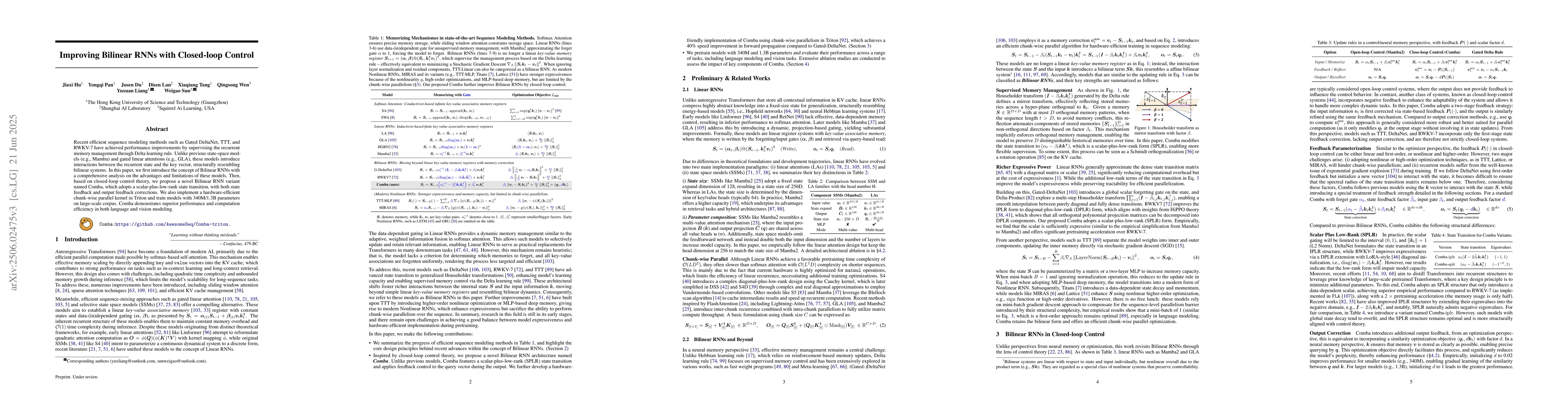 Thumbnail for Comba: Improving Nonlinear RNNs with Closed-loop Control