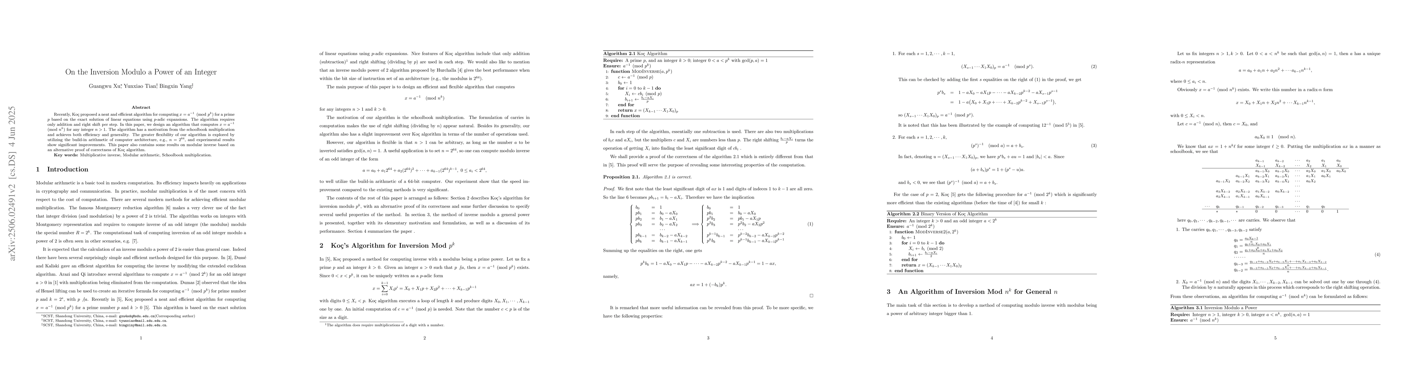 Thumbnail for On the Inversion Modulo a Power of an Integer