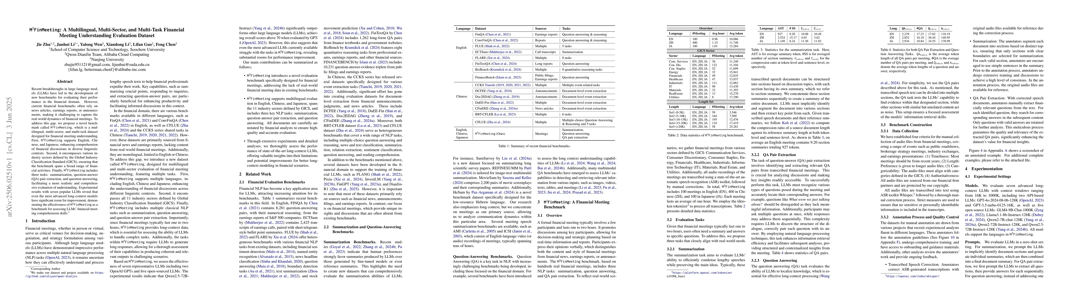 Thumbnail for M$^3$FinMeeting: A Multilingual, Multi-Sector, and Multi-Task Financial
  Meeting Understanding Evaluation Dataset