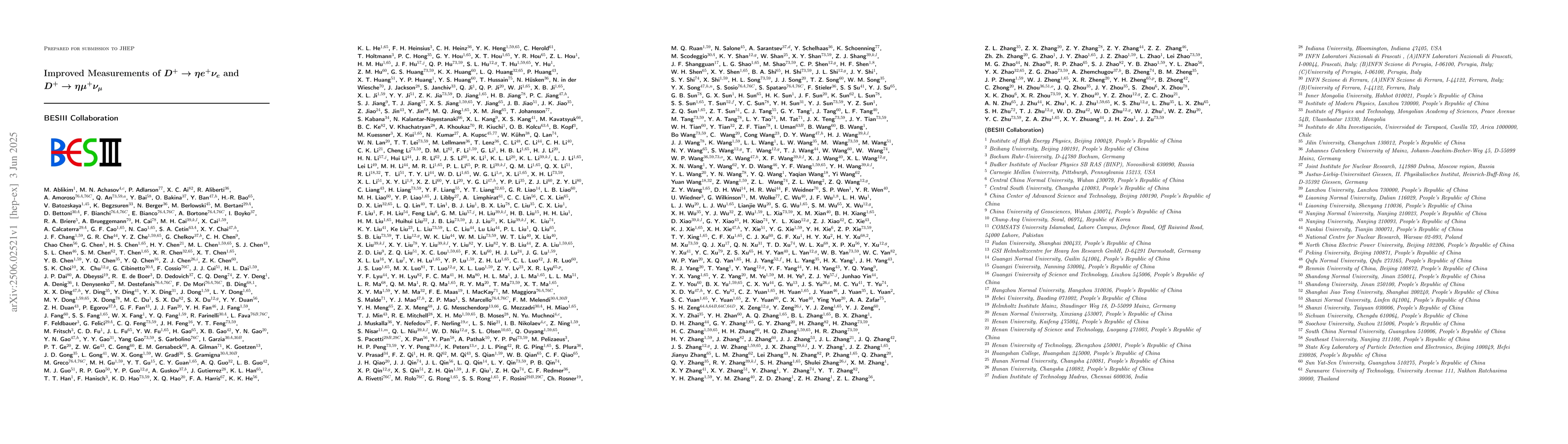 Thumbnail for Improved Measurements of $D^+ \to ηe^+ν_e$ and $D^+ \to η
  μ^+ν_μ$