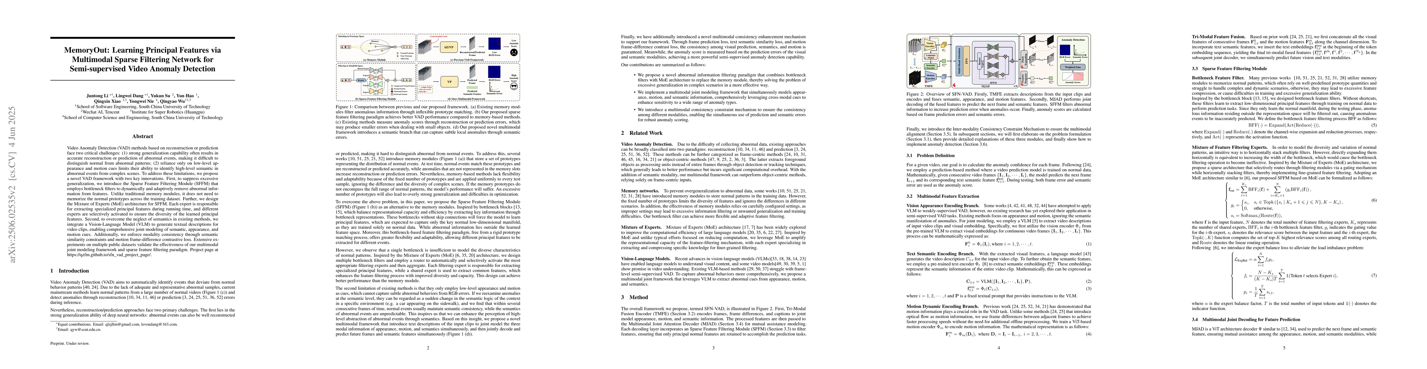Thumbnail for MemoryOut: Learning Principal Features via Multimodal Sparse Filtering
  Network for Semi-supervised Video Anomaly Detection