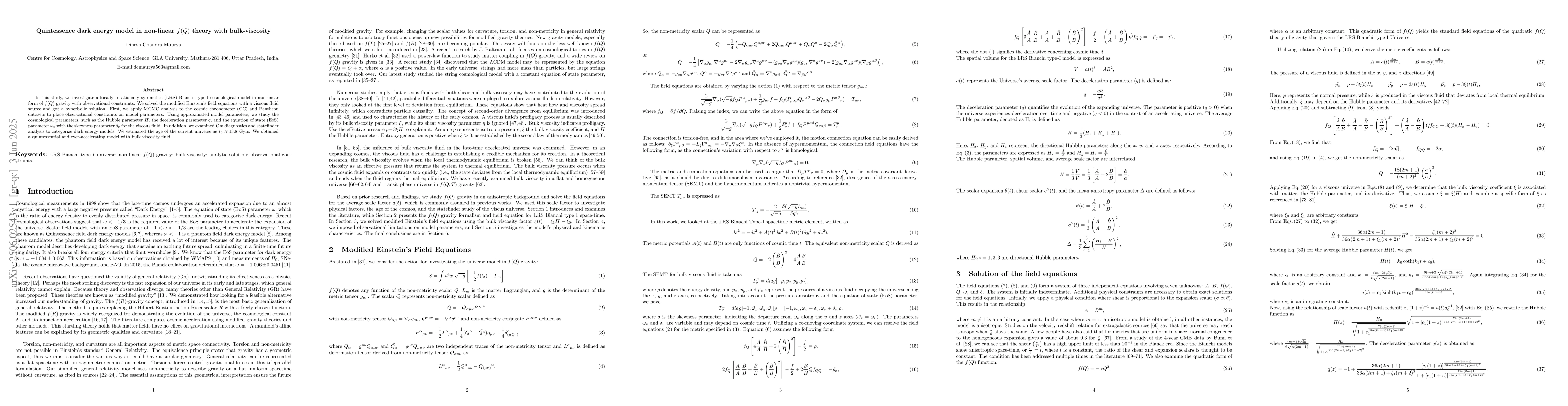 Thumbnail for Quintessence dark energy model in non-linear $f(Q)$ theory with
  bulk-viscosity