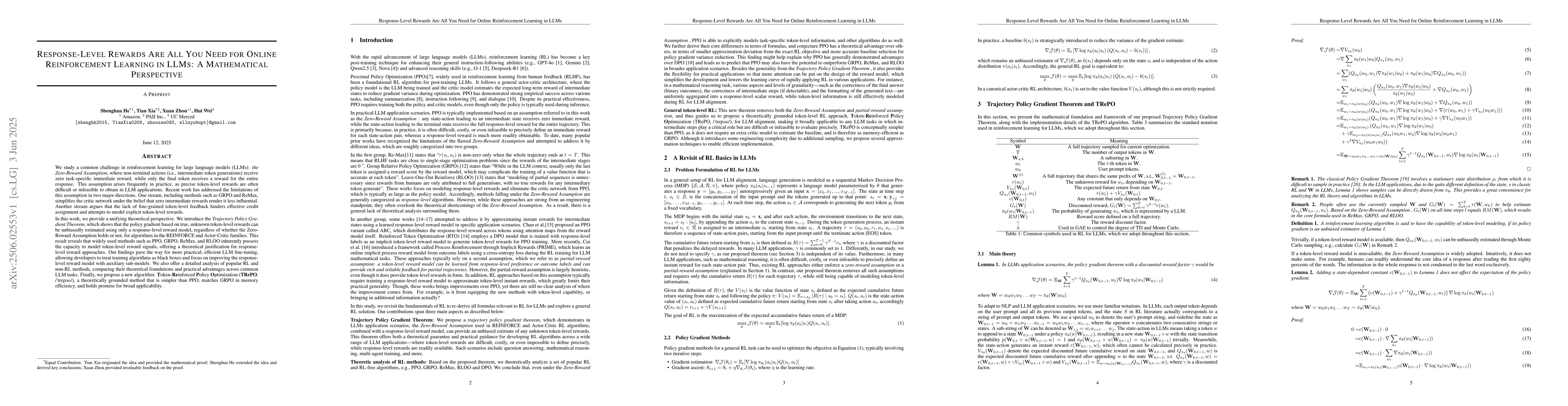 Thumbnail for Response-Level Rewards Are All You Need for Online Reinforcement
  Learning in LLMs: A Mathematical Perspective