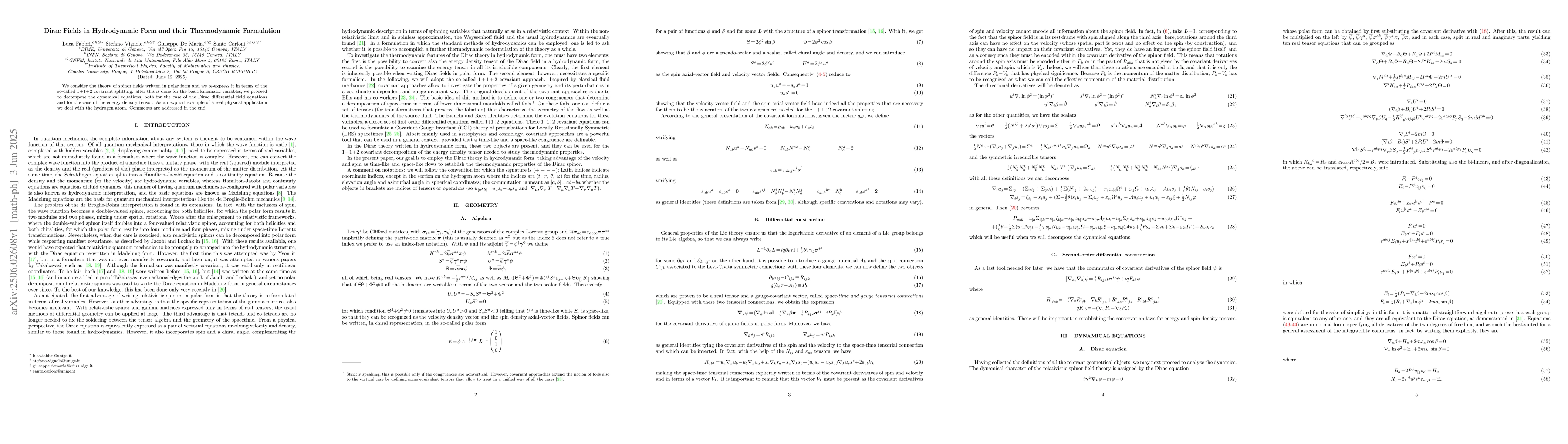Thumbnail for Dirac Fields in Hydrodynamic Form and their Thermodynamic Formulation